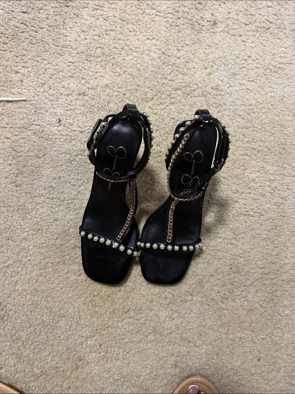Jessica Simpson Black Rhinestone Chain-Strap Square-Toe Heels